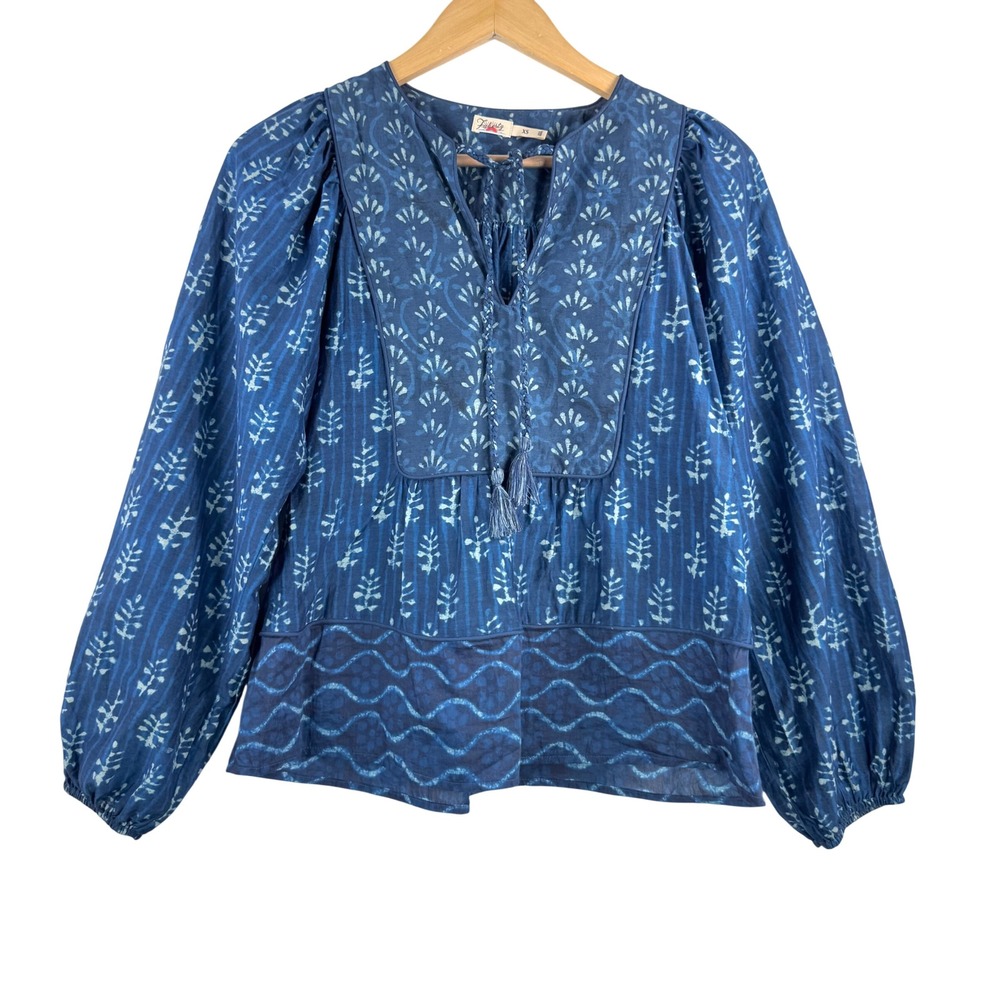 Faherty Solstice Tie neck cotton silk blend relaxed‎ boho peasant top sz XS